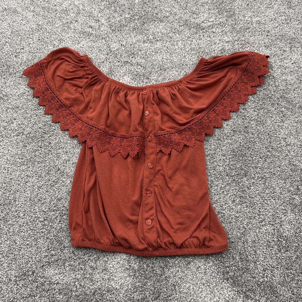 Boho Off Shoulder Womens Size XS Lace Trim Cropped Peasant Top Cottagecore Retro